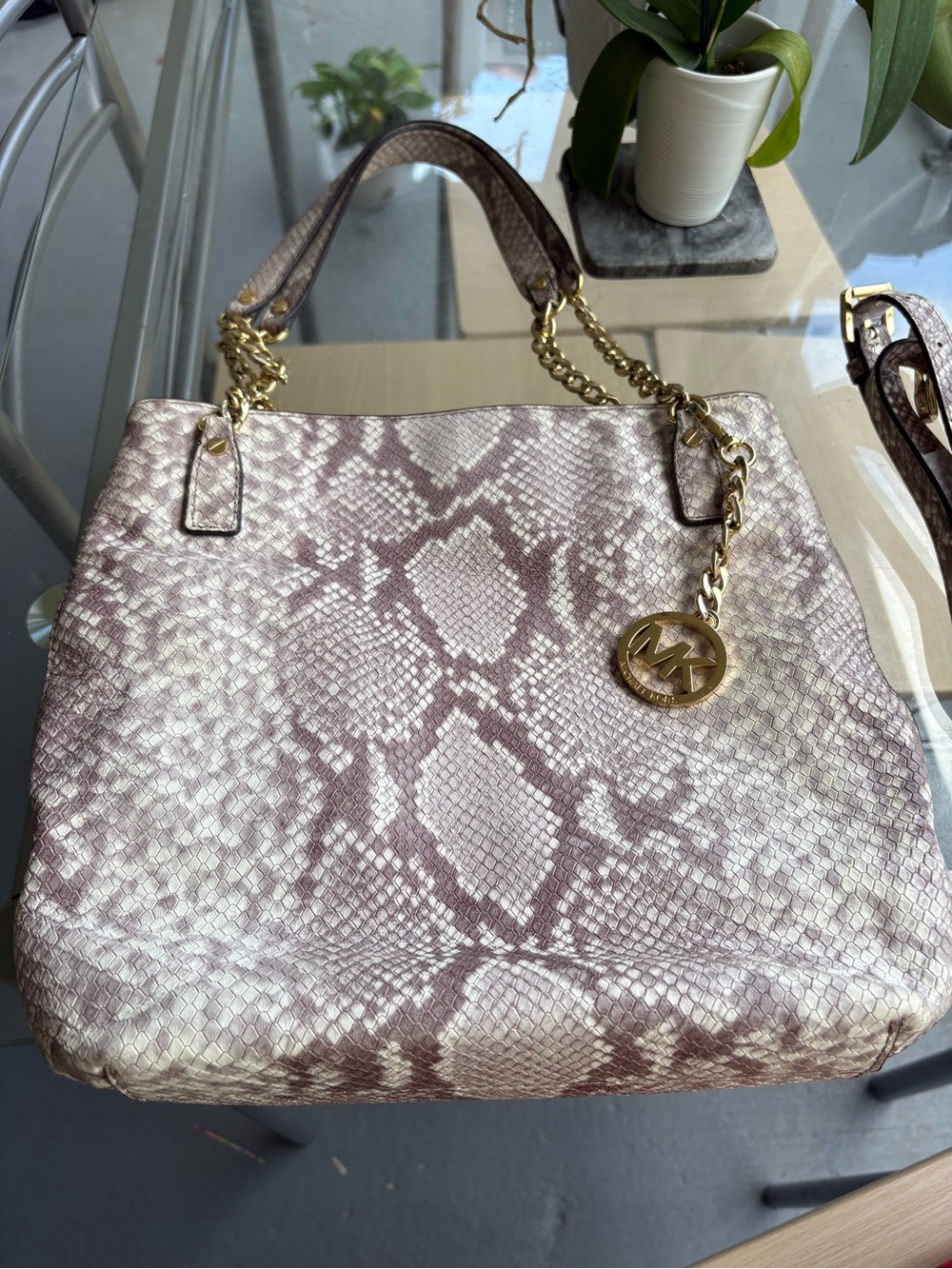 Michael Kors Snake-Print Shoulder Tote with Gold Hardware